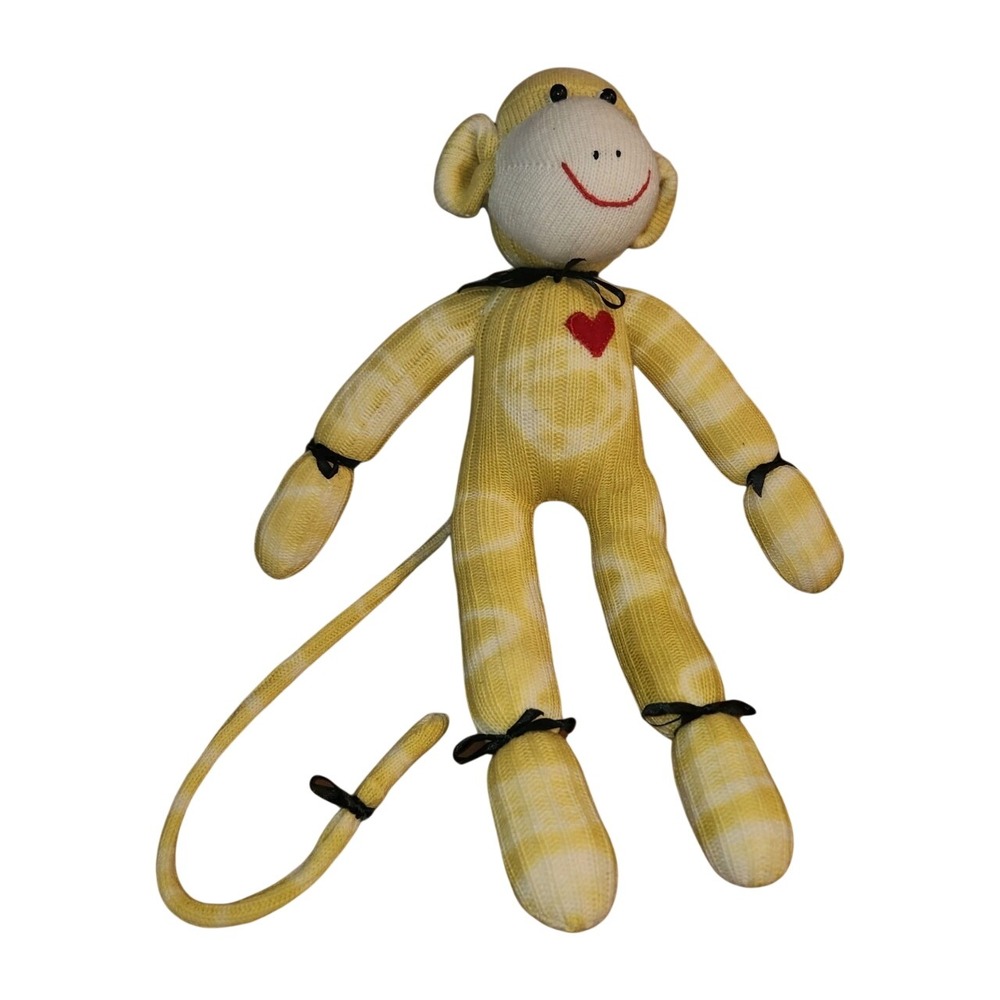 Yellow Tie Dye Sock Monkey Plush Handmade Style w/ Ribbons & Red‎ Heart